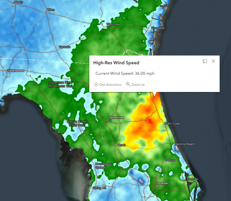 En tant que membre du réseau de partenaires Esri, Baron Weather peut fournir une capture d'écran de la vitesse actuelle du vent.