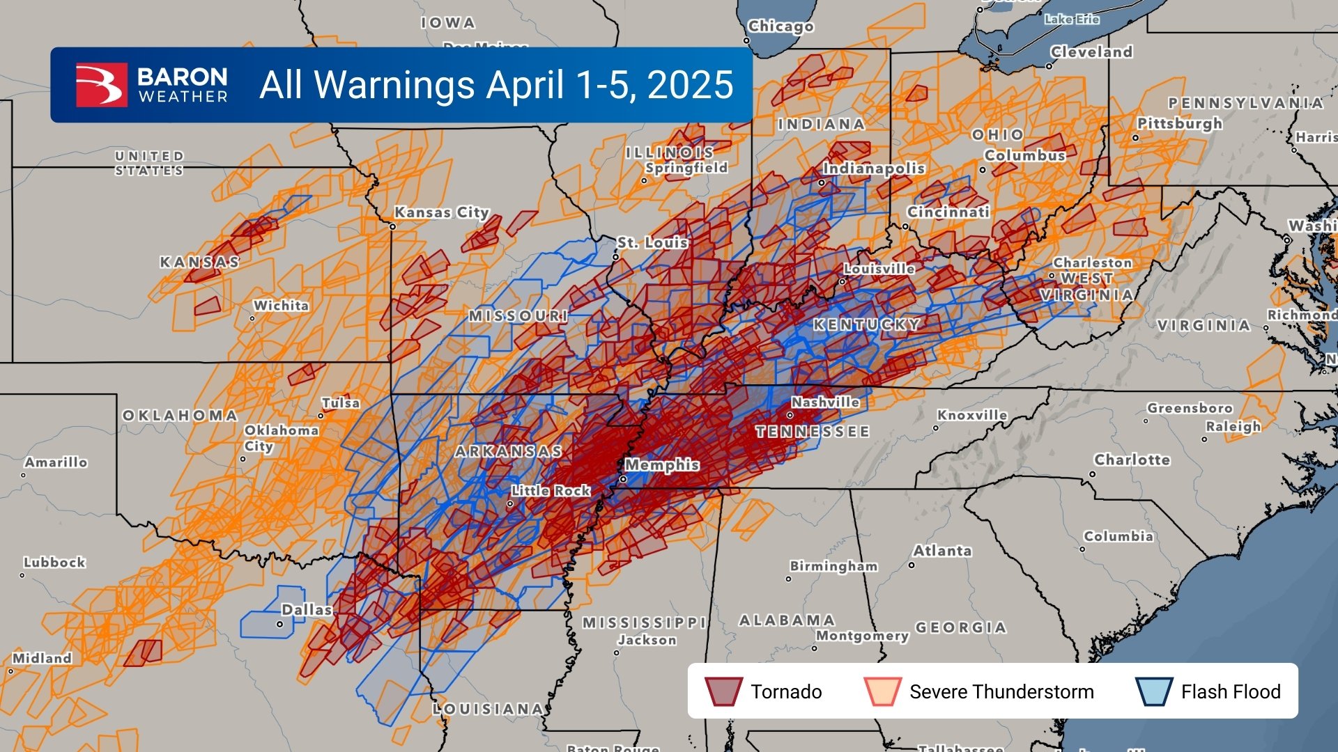 Toutes les alertes de tornades, d'orages violents et de crues éclair émises du 1er au 5 avril 2025.